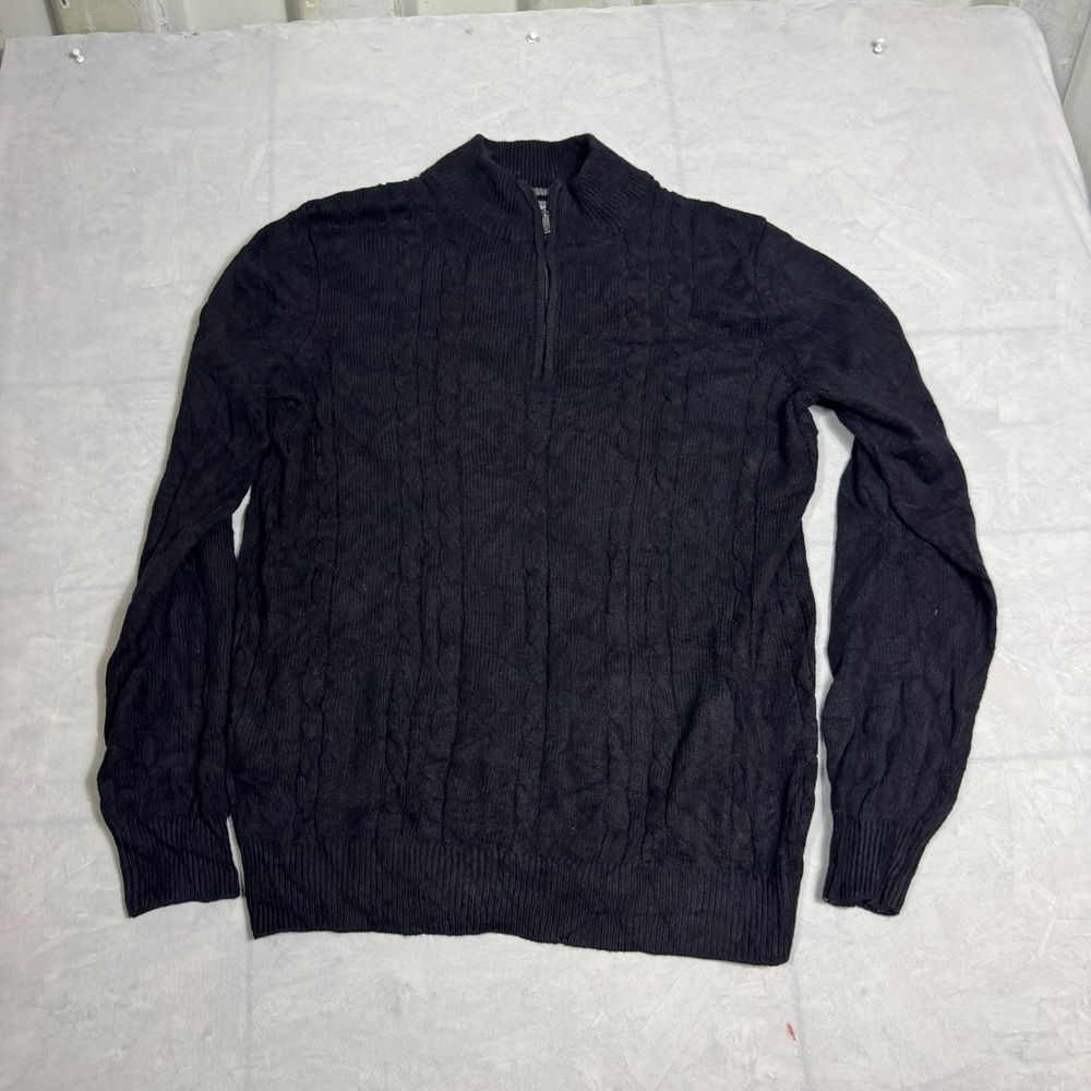 Van Heusen 1/4 Zip Pullover Sweater Deep Black Cable-Knit Mock Neck Winter M